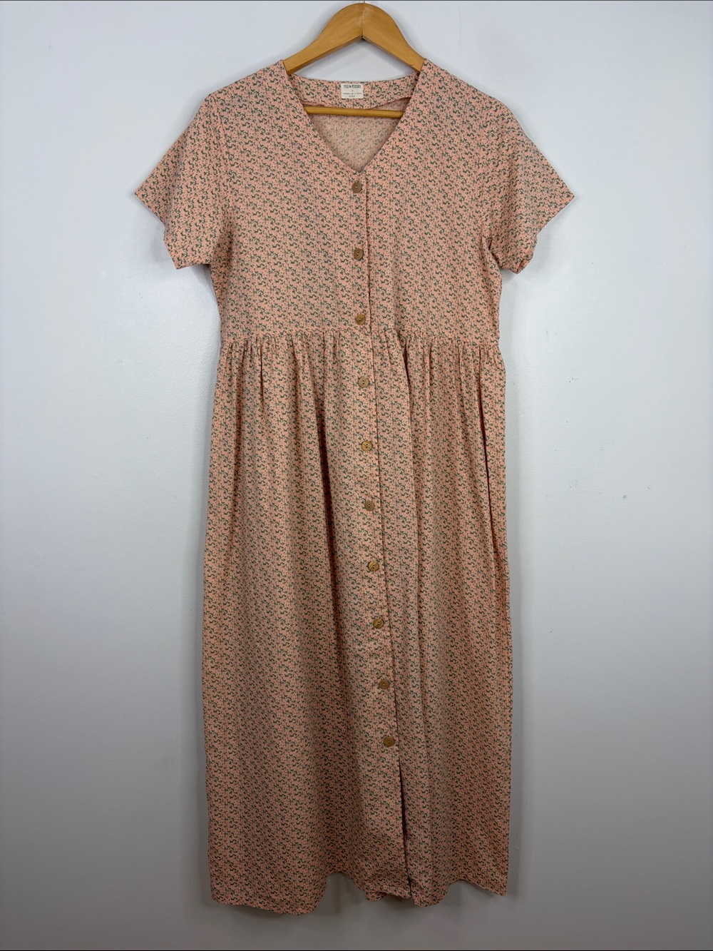 Fin & Vince Dress Womens Medium Peach Green Cotton Linen Short Sleeve Loose Maxi
